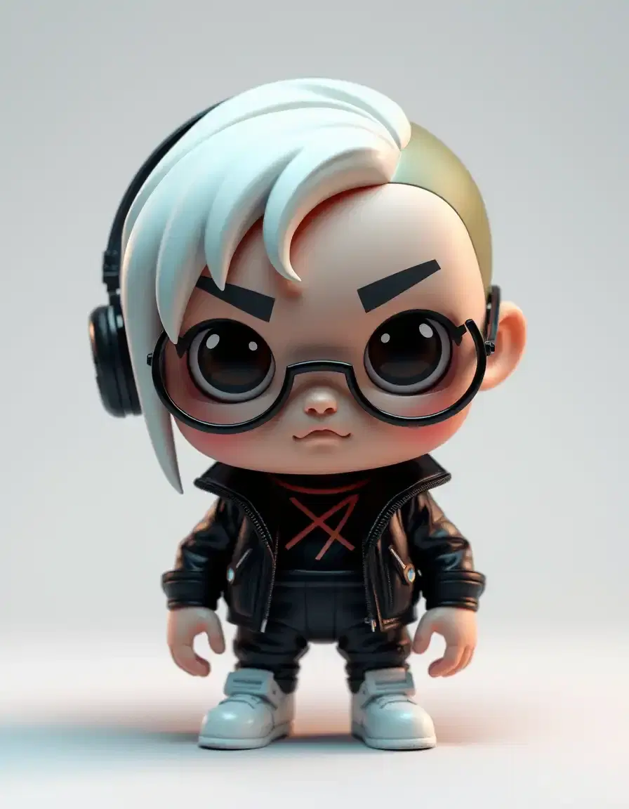 Stylized and cute human character toy figure, cyberpunk style, designer collectible vinyl toy, modern streetwear clothing, smooth glossy plastic, large and expressive body proportions, unique and original face design with playful asymmetry, beautiful eyes with a creative shape, charming and slightly quirky expression, soft lighting, studio render, highly detailed, toy product photography, 3D render, Octane render --v 7