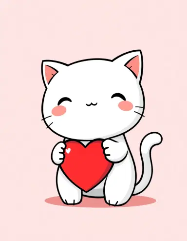 A cute kawaii white cat character holding a red heart, Valentine’s Day theme, simple rounded face, no whiskers, no trademark features, thick black outline, pastel pink background, soft flat vector style, adorable expression, child-friendly illustration, high resolution, sublimation ready, centered composition