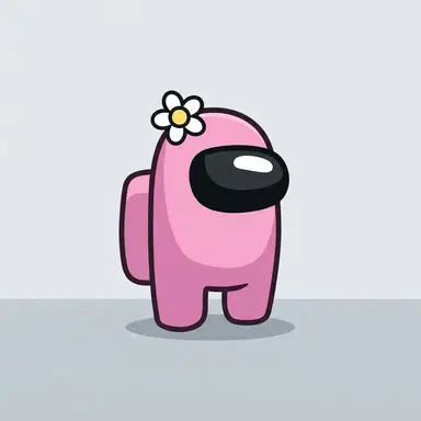 Among Us game style chibi crewmate bean, pink suit with flower on head, armless rounded bean, glossy visor, flat cartoon game art, clean background