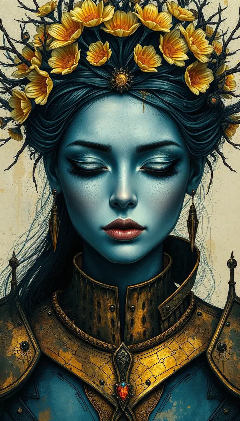 surreal fantasy woman portrait, blue-tinted ethereal skin, serene closed eyes,
golden flower crown chrysanthemums, dark organic tree branch halo, gold mechanical
armor plating cracked texture, golden veins paint splatter, yellow gold deep teal
color scheme, ink splash background, editorial dark fantasy painting style,
hyper-detailed, painterly