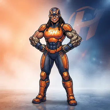 original powerhouse superhero in orange and navy suit with stone-textured forearms, heroic stance, bold comic book art