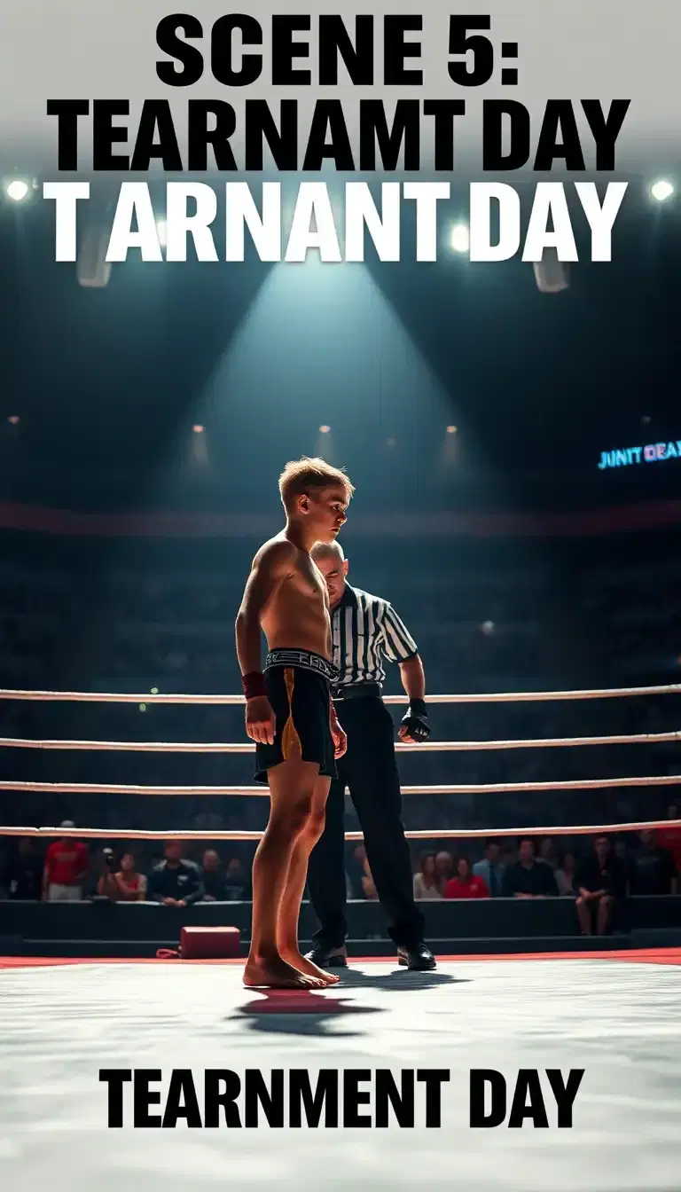 SCENE 5 โ TOURNAMENT DAY
Prompt:
Cinematic martial arts tournament scene, young fighter standing barefoot on a competition mat inside a crowded arena, opponent facing him, referee between them, spotlight lighting from above, crowd blurred in background, dramatic tension, cinematic color grading, ultra-realistic, inspirational sports movie still, 4K