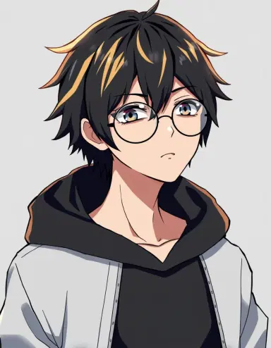 A man that looks like a anime character from death note animated with circle glasses and black hair with blonde highlights with a black hoodie on death note character