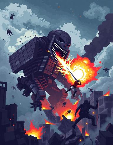 8-bit attack on titan. giant pixelated titans clash. soldiers, tiny squares, zip through ruined city. fire, explosions, big blocks of color. rage, fear, impact. armored titan's plates, cracked squares. attack titan, steamy pixels. soldier's slash, blurry lines. stormy sky, jagged pixels. low resolution, high energy. chaos. gritty, violent, pixelated anime. massive fight. limited color palette. sharp lines, blocky figures. epic battle, 8-bit style.