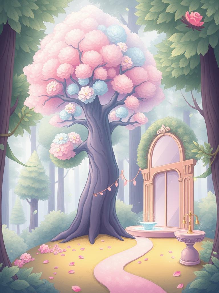 Imagine a cute forest, drawn in a chibi style, with big, fluffy trees and leaves. A special, glowing tree stands tall on the top left, with pastel pink and blue leaves that sparkle. The tree's branches are like big hugs, with flowers and leaves swirling around it.
A tiny, winding path made of fairy lights and petals leads to a sweet little hall on the right. The hall has mirrors and art that are placed just right, so they don't distract from the tree. The mirrors show pictures of old and new things, inspiring artists to create magical stories.
A small, sparkly fountain is on the bottom left, with water and petals flowing out. Artists are making new things, and photographers are taking pictures of old, magical places. A little stage is connected to the tree by a winding path, with music notes floating around.
Everything is colored in soft, pastel hues like lavender and mint green, making it feel innocent and magical. The picture is drawn from a low angle, making everything feel big and inviting. The background is a soft, dreamy mix of forest and sky, making it feel like a wonderful, enchanted world.