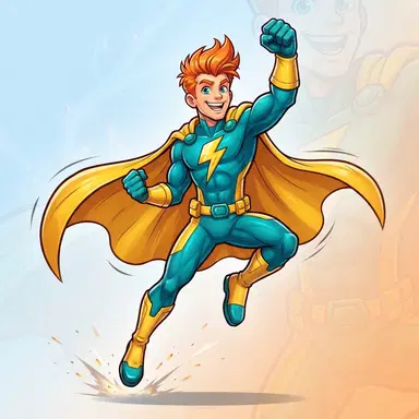 original cartoon superhero male character, full body, energetic hero with spiky orange hair, teal and yellow suit with lightning emblem, cape flowing, dynamic heroic pose, bold western cartoon style