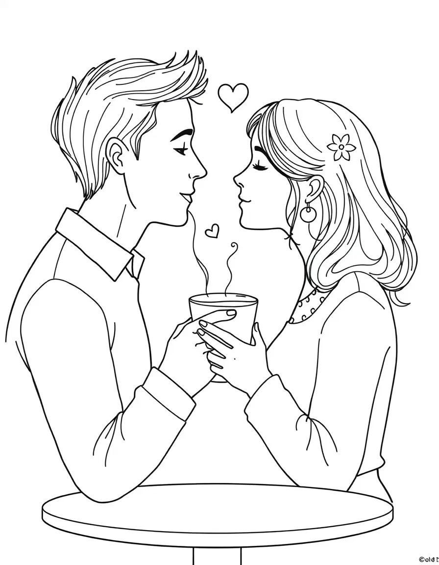 romantic couple drinking coffee together coloring page, two-page design for couple, delicate thin lines, minimal line art, black and white, no shading, white background, printable, cozy romantic atmosphere, split for two people