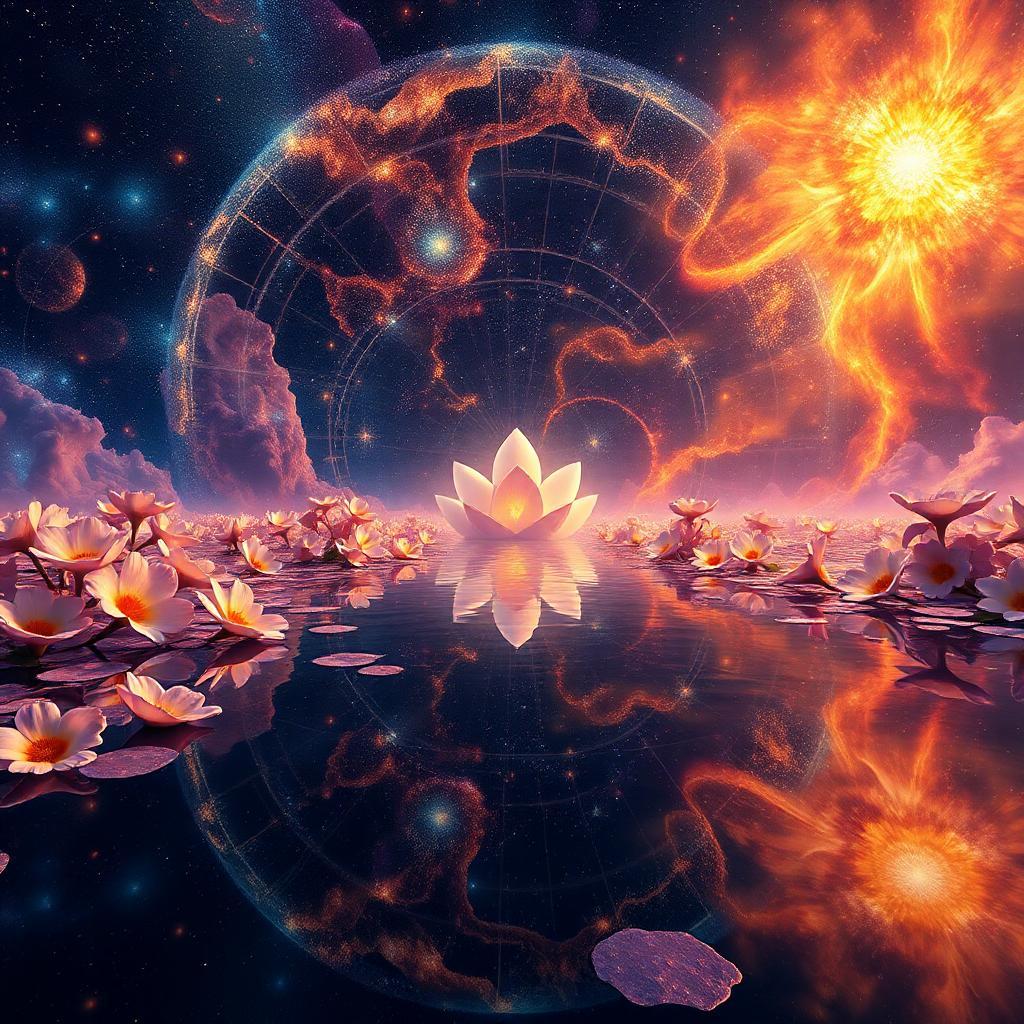Ancient cosmic maze, Blazing odyssey existential, Cosmic sea backdrop, Cosmic wonder depth, Ethereal flower glow, Extreme Detail, Flowers radiating ethereal, Galaxy swirls behind, Infinite universe crossroads, Mesmerizing surreal composition, Mirrored lake, Nebula of stars, Shining cosmic dust, Unreal Rendering, Unrealistic