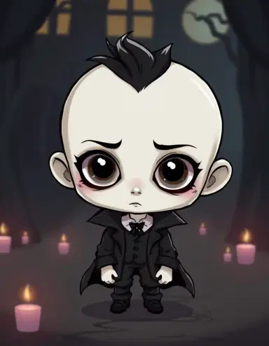 a chibi character inspired by tim burton, with large, expressive eyes and pale skin. the character wears dark clothing in a gothic setting with eerie lighting. the style is chibi.