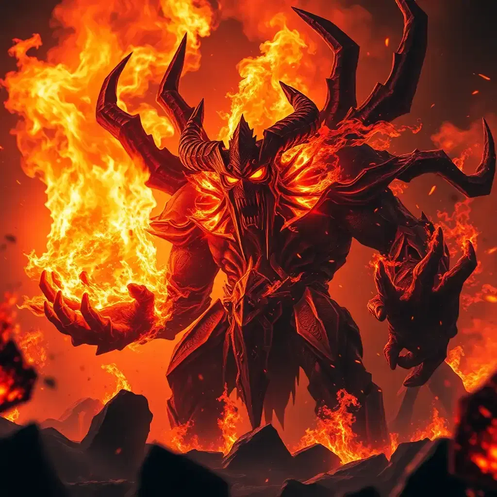 the camera zooms in, flames swirling, engulfing the screen. xal’tor, a colossal being with blazing eyes, radiates fiery power. he commands bone golems pyroclast and infernox in a crackling chamber of intense energy, creating a scene of apocalyptic chaos and destruction, filled with breathtaking fury and might.