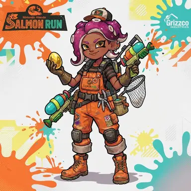 Splatoon game style octoling OC in salmon run orange overalls with fishing gear, Nintendo Splatoon official art style, clean background