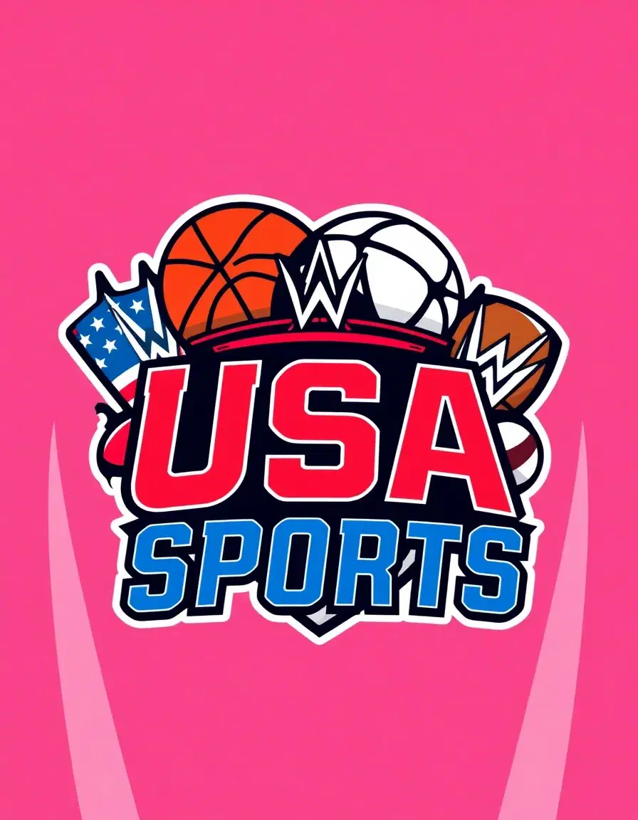 Create a dynamic and bold BANNER for a YouTube channel called USA Sports. The icon should visually represent the essence of American sports, combining elements from football, basketball, WWE, and rugby. Use vibrant colors like red, white, and blue to evoke patriotism. The design should feature iconic symbols such as a football, basketball, wrestling ring, and rugby ball, all intertwined in a cohesive, energetic composition. Incorporate sleek, modern fonts for the channel name USA Sports, making it stand out. The icon should feel powerful and action-packed, appealing to fans of multiple sports