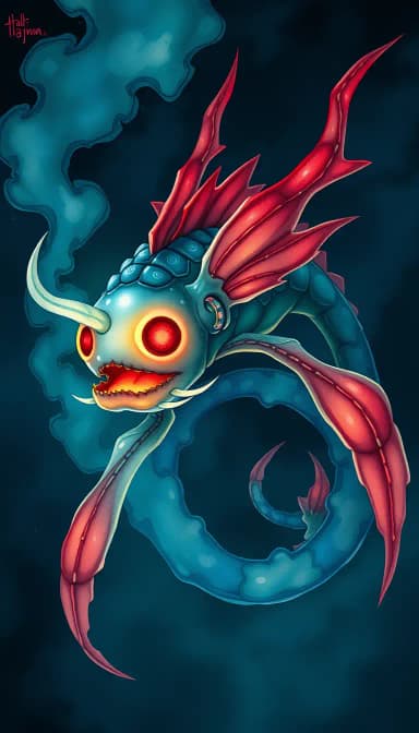 A mysterious underwater creature with half-transparent smoky body, half fish with fins, glowing red eyes, surrounded by deep sea darkness, eerie glowing light from its mouth โ Islamic jinn-inspired sea monster, fantasy horror art Image Style: flowing pigments, hand-painted look, soft watercolor wash, Studio Ghibli style, colorful palette