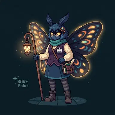 Deltarune dark world style OC, moth librarian with lantern staff, glowing wings, Toby Fox game art style, dark world palette, clean background