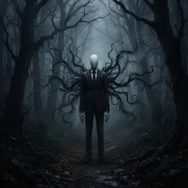 Creepypasta style OC, tall faceless figure in black suit with shadow tendrils in misty forest, eerie digital art, no gore, dark atmosphere