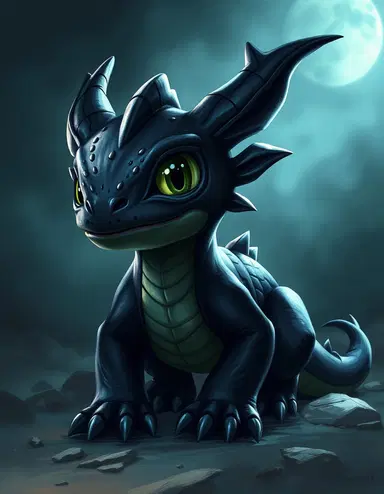 a realistic depiction of toothless, the night fury dragon, set against a dark and moody background