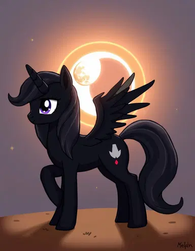 my MLP (My Little Pony) OC is an Alicorn with black skin, dark gray mane and tail and dark magic, his name is Dark Shadow Spark and his cutie mark is a full moon in front of a sun, basically a lunar eclipse