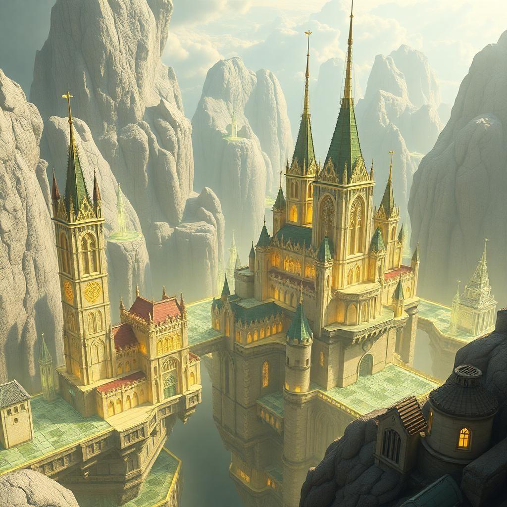 a high-tech city with floating buildings and holograms designed to look like ancient medieval manuscript illustrations.