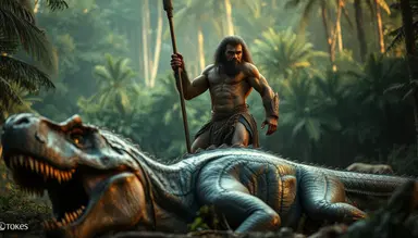 Cinematic prehistoric scene, a muscular tribal ape‑like creature standing triumphantly with a spear over a defeated dinosaur with horns, T-Rex or similar dinosaur lying down, prehistoric forest background, realistic lighting, epic adventure style, high detail, vibrant colors, dramatic composition, cinematic rendering, 16:9