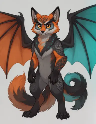 Anthro fursona furry oc hybrid of dragon fox and owl, color scheme: orange, black, cyan, dark grey, reddish brown, dark turquoise,