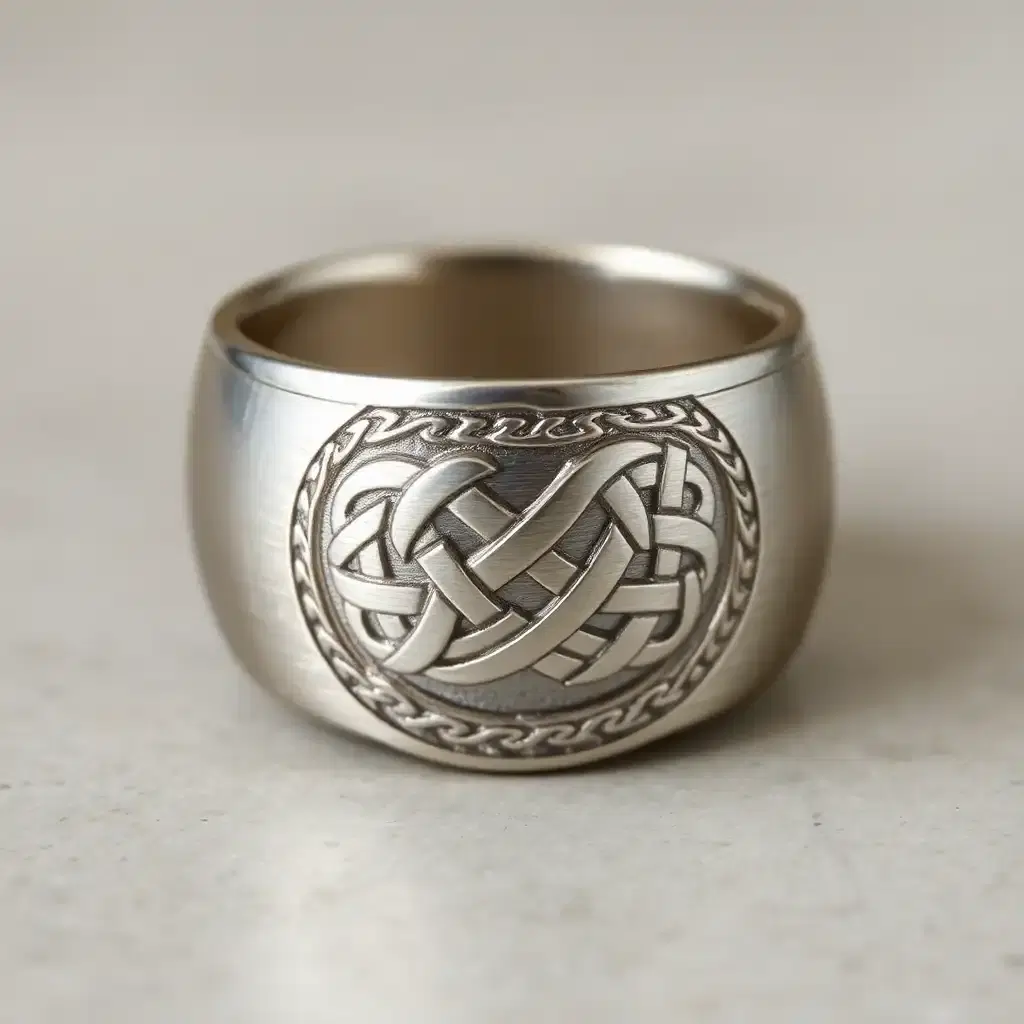 A silver ring, in its middle there is a polished, just brushed, not engraved finish which depicts an intricate Celtic knot pattern engraved around its circumference. The design takes up a third of the space on the ring and is placed in the middle.
