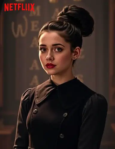 Jenna Ortega portraying Wednesday Addams, wearing a characteristic dress with a black collar and a dark, updo hairstyle, amidst a gothic, mysterious background. Netflix series "Wednesday"