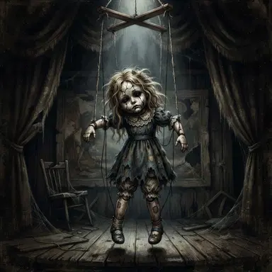 Creepypasta style OC, broken marionette puppet girl with cracked porcelain face and hanging strings, eerie digital art, no gore, dark stage