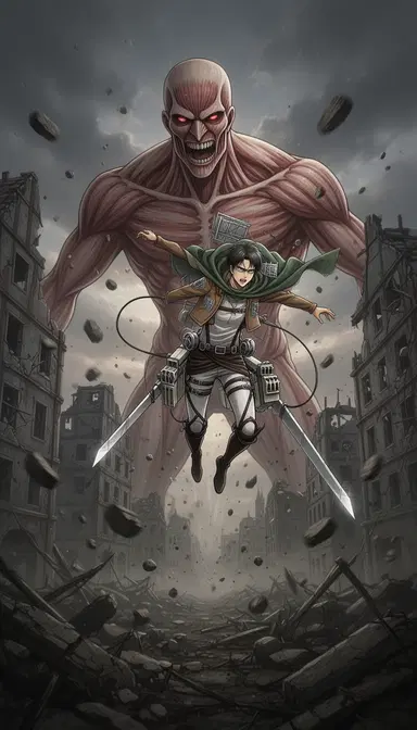 Attack on Titan Style (Gritty Dark Fantasy Action): Lone Scout Regiment soldier, ODM gear fully deployed, soaring dramatically over colossal grotesque titan in devastated, grim city, dodging debris. Attack on Titan anime style (MAPPA studio influence), dark intense visuals, strong atmospheric perspective, high detail on ODM gear/uniform, dynamic motion blur, sense of dread, volumetric shadows, sharp photorealistic cel-shading, cinematic framing, 8K.