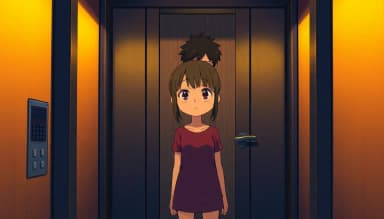βInside a cramped elevator glowing with soft yellow light, a young female cartoon character stands tensely in the corner. A scruffy male cartoon character enters behind her, the elevator doors partially closing. Ghibli-style, warm yellow lighting, tense.β