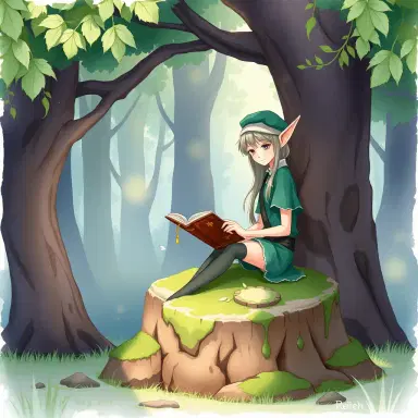 in a charming, serene woodland setting, frieren the elf mage from frieren: beyond journey's end is seated on a moss-covered tree stump, surrounded by the soothing atmosphere of a forest glade. the anime-inspired aesthetic blends harmoniously with the delicate textures of watercolor, evoking a cozy and intimate ambiance. muted greens and purples dominate the color palette, as gentle washes of soft, feathery brushstrokes dance across the landscape, imbuing the scene with a sense of peace and tranquility. the elf mage's slender figure is lost in concentration as she reads a worn leather-bound tome, her eyes fixed intently on the pages. a warm, ethereal light filters through the canopy above, casting dappled shadows across the forest floor, while the soft rustle of leaves and the distant chirping of birds create a soothing melody. the overall effect is a captivating and enchanting depiction of frieren in her natural woodland surroundings, exuding a sense of serenity and wonder.