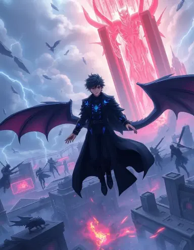 A high-fantasy anime-style cinematic battle scene inspired by Solo Leveling: a young Shadow Monarch floats midair above a destroyed futuristic city, summoning an army of shadow soldiers and colossal beasts. He wears black armor with glowing blue mana veins, a long coat, and his eyes emit violet light. Behind him, a shadow dragon and undead knights loom. The sky is split by a colossal Obsidian Gate releasing eldritch invaders β grotesque, glowing red beings with porcelain masks and cosmic weaponry. The atmosphere is apocalyptic, with magical lightning, floating rubble, and dimensional rifts in the sky. Style inspired by Solo Leveling, Bleach, and Fate. Hyper-detailed, cinematic lighting, ultra-HD anime splash panel quality.