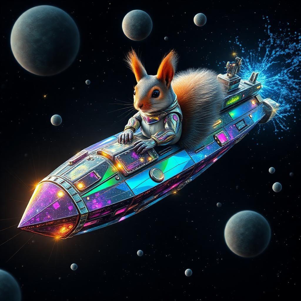 "imagine a gleaming, giant spaceship destroyer, its metallic surface transformed into a dazzling spectacle of iridescent colors, shaped like a thousand spinning diamonds. its hull crackles with electric-blue and emerald-green sparks as the vessel thrusts through the cosmos. the destroyer's body is encrusted with glittering gemstones - rubies, sapphires, and topaz - which refract light into a kaleidoscope of colors. a space marine squirrel in a sparkling, mirrored war suit stands at the helm, its fur a vibrant mix of rainbow hues, as if infused with stardust. the suit's sleek, fiber-optic-like fabric shimmers and pulses with an otherworldly energy, reacting to the squirrel's every move. its eyes glow like tiny supernovae, illuminating the darkness as it plots its next target. the background is a deep, inky black, punctuated by stars, planets, and debris that seem to be drawn into the ship's gravitational pull like moths to a flame. the entire scene is a masterpiece of glittering, cosmic wonder, as if the very fabric of reality has been woven into a tapestry of sparkles and light."