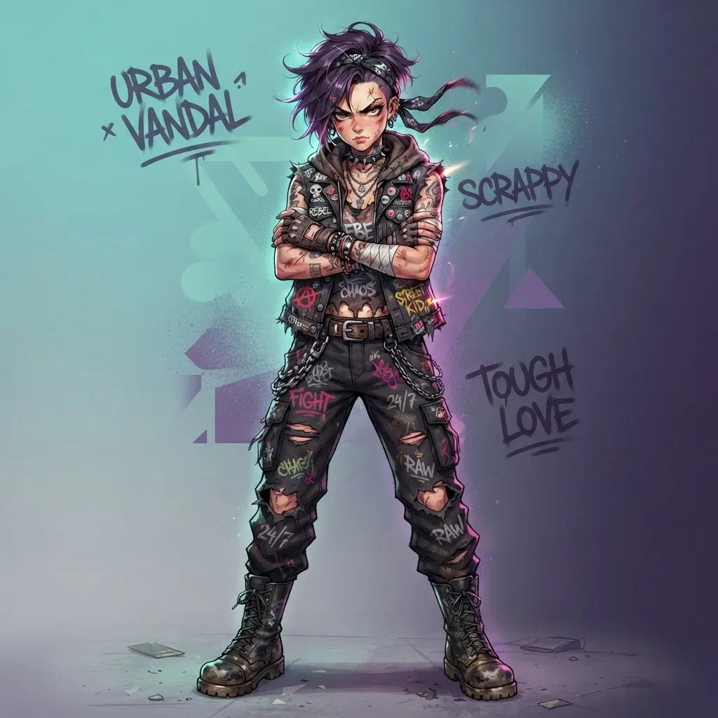 original character: a scrappy street fighter in layered graffiti-tagged streetwear and heavy scuffed boots, fingerless gloves, defiant glare, gritty urban trash-punk anime illustration, spray-paint texture accents, clean soft gradient studio background, vibrant, crisp high detail, digital illustration
