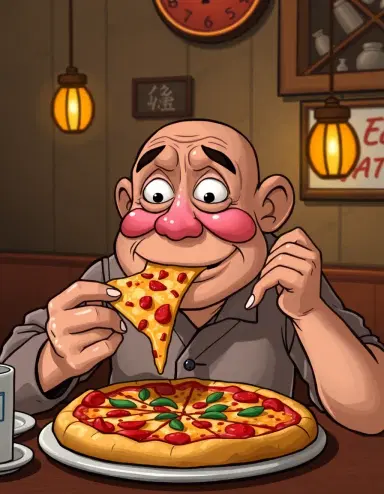 Italian brainrot character Tung Tung Tung Sahur eating pizza