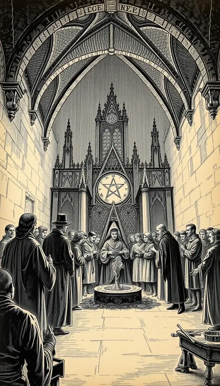 Highly detailed black-and-white engraving of a secret society performing a ritual beneath a cathedral in 1880, vintage etching style, crosshatch ink texture, aged book illustration, 9:16 layout.