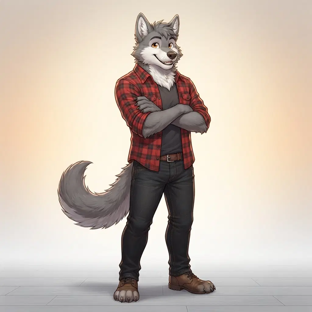 anthro wolf fursona character, full body, warm confident smile, grey fur with white chest and muzzle, pointed ears, thick tail, wearing a flannel shirt and jeans, expressive amber eyes, clean soft gradient studio background, vibrant, crisp high detail, digital illustration