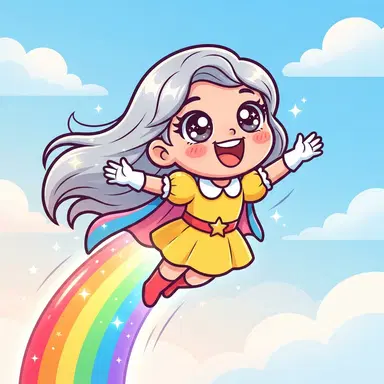 original chibi superhero girl with rainbow streak, yellow dress, silver hair, thick outlines, flat cartoon colors