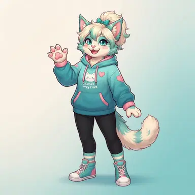 Anthro cat fursona original character, cream and teal fur with pink accents, cheerful expression, cozy hoodie, digital illustration