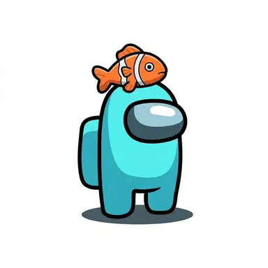 Among Us game style chibi crewmate bean, cyan suit with fish hat, armless rounded astronaut bean, glossy visor, flat cartoon game art, clean background