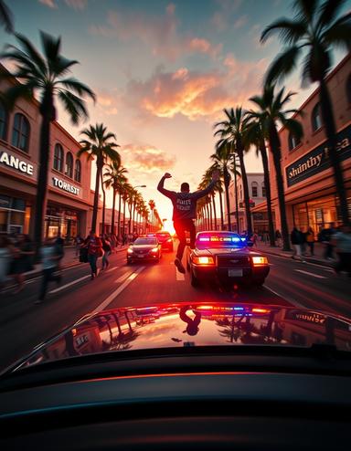 An action police chase cinematic scene from a speeding car in the streets of a shopping area in Los Angeles Hollywood with lots of palm trees , during an orange sunset , while the car slips at the crossroads between the running shopping crowd , the driver is jumping out of the fast driving car
