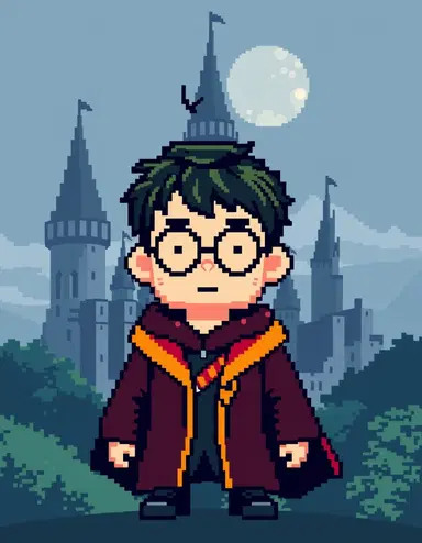 harry potter in a blocky, 8-bit style reminiscent of classic video games, a bright, beaming harry potter character wears his iconic wizard's robe, with the hogwarts castle looming in the background.