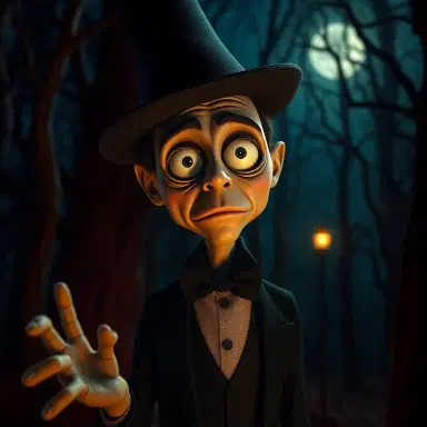 Visual Style: Tim Burton, Genre: Gothic Fantasy, Subject(s): Mysterious Character, Time Period: Contemporary, Color: Earthy and Vibrant, Aspect Ratio: 16:9, Format: Digital, Frame Size: 4K, Lens Size: 35mm, Composition: Dynamic, Lighting: Dramatic, Lighting Type: Mixed (Artificial and Natural), Time of Day: Nighttime, Environment: Eerie, Location Type: Haunted Forest, Set: Whimsical, Camera: Digital Art Software, Lens: Digital Brush, Film Stock / Resolution: High Resolution, Tags: Tim Burton, Gothic Fantasy, Earthy Colors, Vibrant Colors, Mysterious Character, Haunted Forest, Whimsical, Nighttime