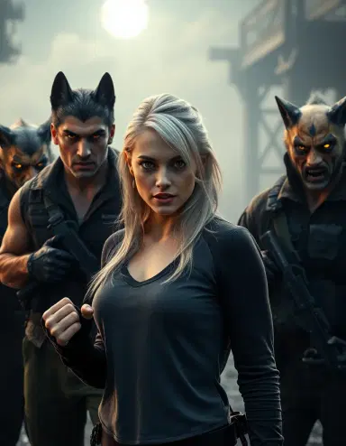 A realistic photorealistic scene of a silver-haired female werewolf with amber eyes and subtle wolf ears, resembling Scarlett Johansson, standing defiantly against a pack of werewolf rebels in an abandoned industrial area under cold moonlight. Two muscular male werewolf guards with clawed hands and glowing yellow eyes stand protectively behind her, baring sharp fangs. The rebel leader has dark gray wolf ears and ferocious golden eyes, his face contorted in a snarl. All characters retain predominantly human features with subtle werewolf traits. Dramatic tension emphasized through heightened body language and misty atmosphere. Cinematic lighting with moonbeams cutting through fog. Hyper-detailed skin texture and realistic fabric folds on tactical clothing. Shot on ARRI Alexa with 85mm cinema lens, f/2.8 aperture. --style raw --ar 16:9 --no cartoon, no CGI, no video game, no anime