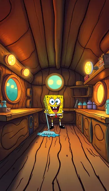 Inside cartoon-style underwater wooden shack, SpongeBob SquarePants mopping wooden floor, wooden counters and round glowing windows, warm bright light, thick cartoon outlines