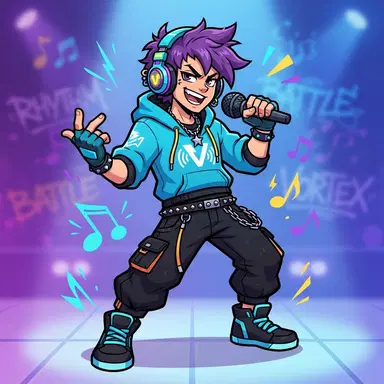 Original rhythm game character, spiky purple hair, cyan hoodie and headphones, microphone rap battle pose, bold flat 2D cartoon style