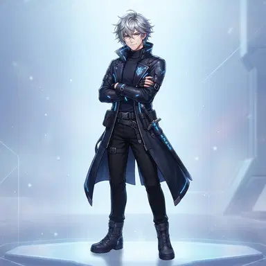 original anime character, cool young man with silver messy hair and violet eyes, dark high-collar coat with glowing blue accents, digital illustration