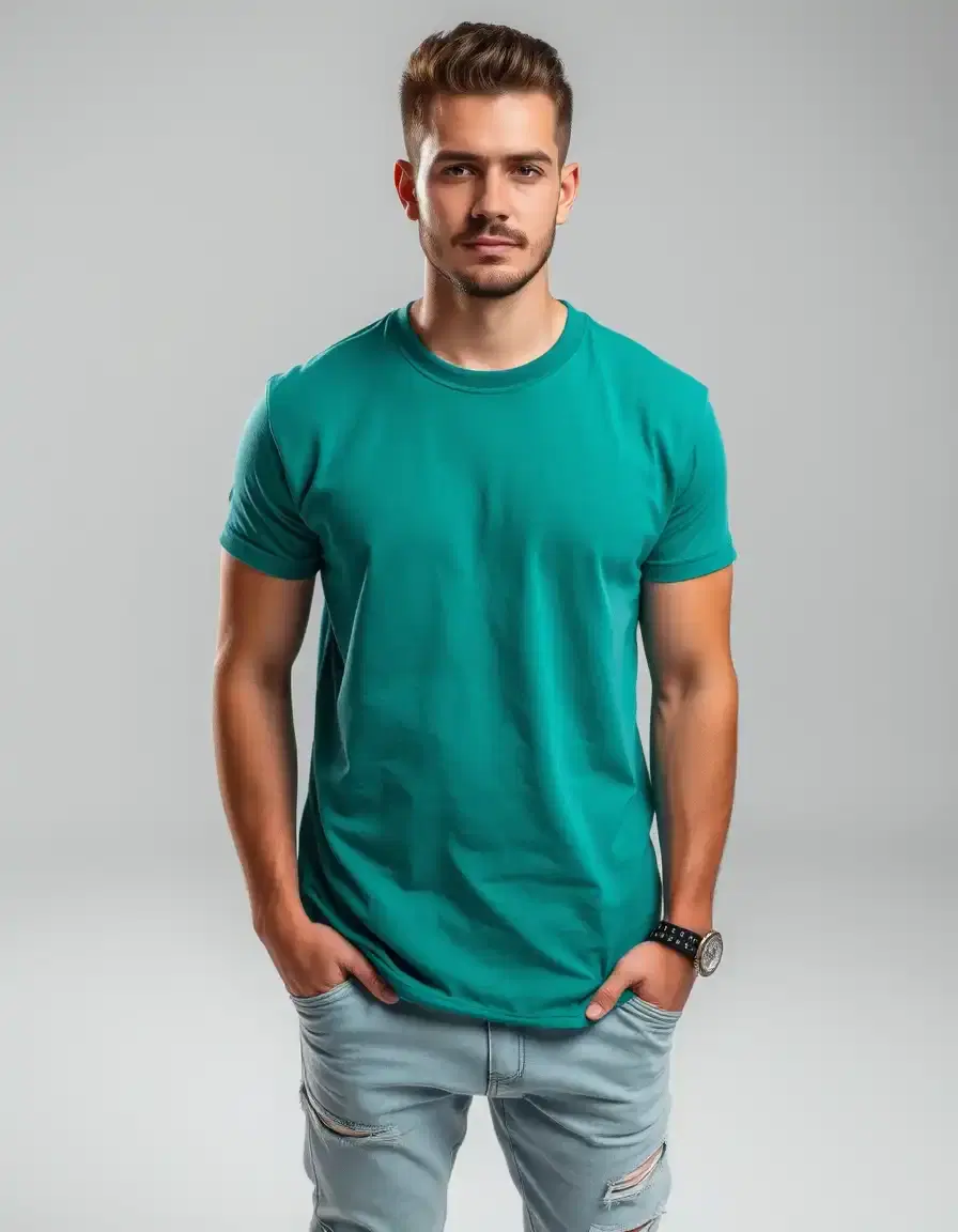 handsome and masculine man in studio photography tshirt fashion outfit