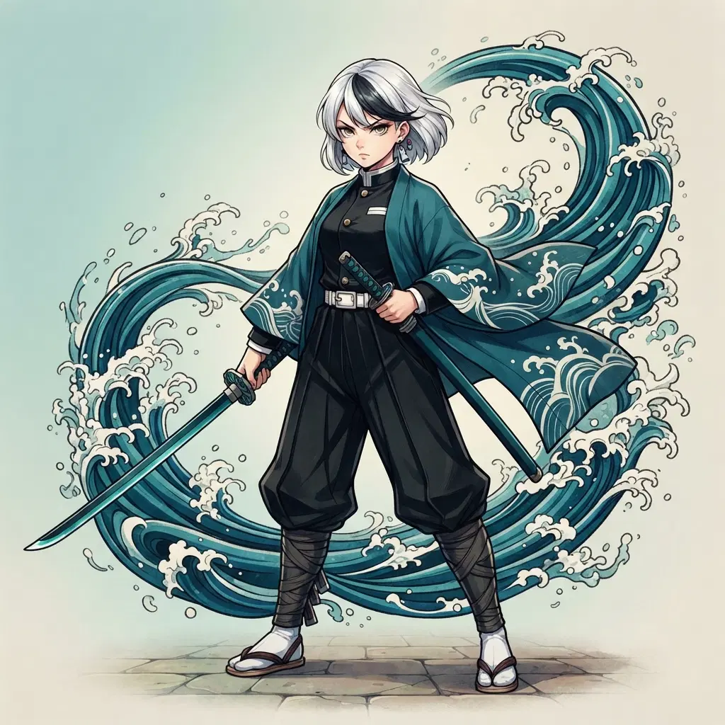 Anime illustration, original slayer, full body, black uniform with a deep teal haori patterned with white waves, katana with a teal blade held low, short white hair with a dark streak, focused eyes, swirling teal water breathing effect drawn like a woodblock print, clean soft gradient studio background, vibrant, crisp