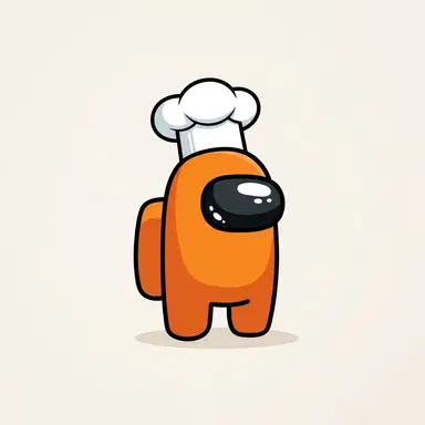 Among Us game style chibi crewmate bean, orange suit with chef hat, armless rounded bean, glossy visor, flat cartoon game art, clean background