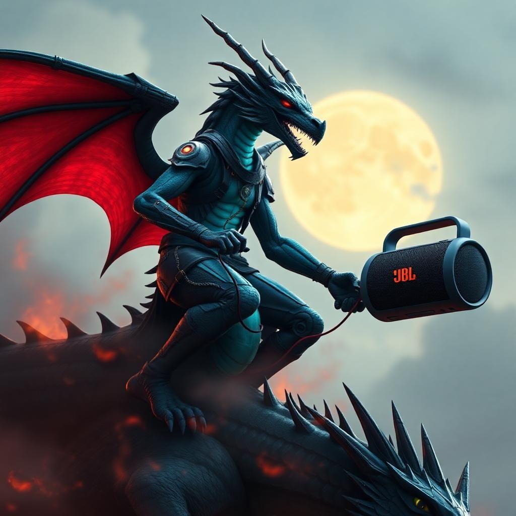 ridoc from onyx storm riding on the back of a dragon with a JBL flip speaker in his hand